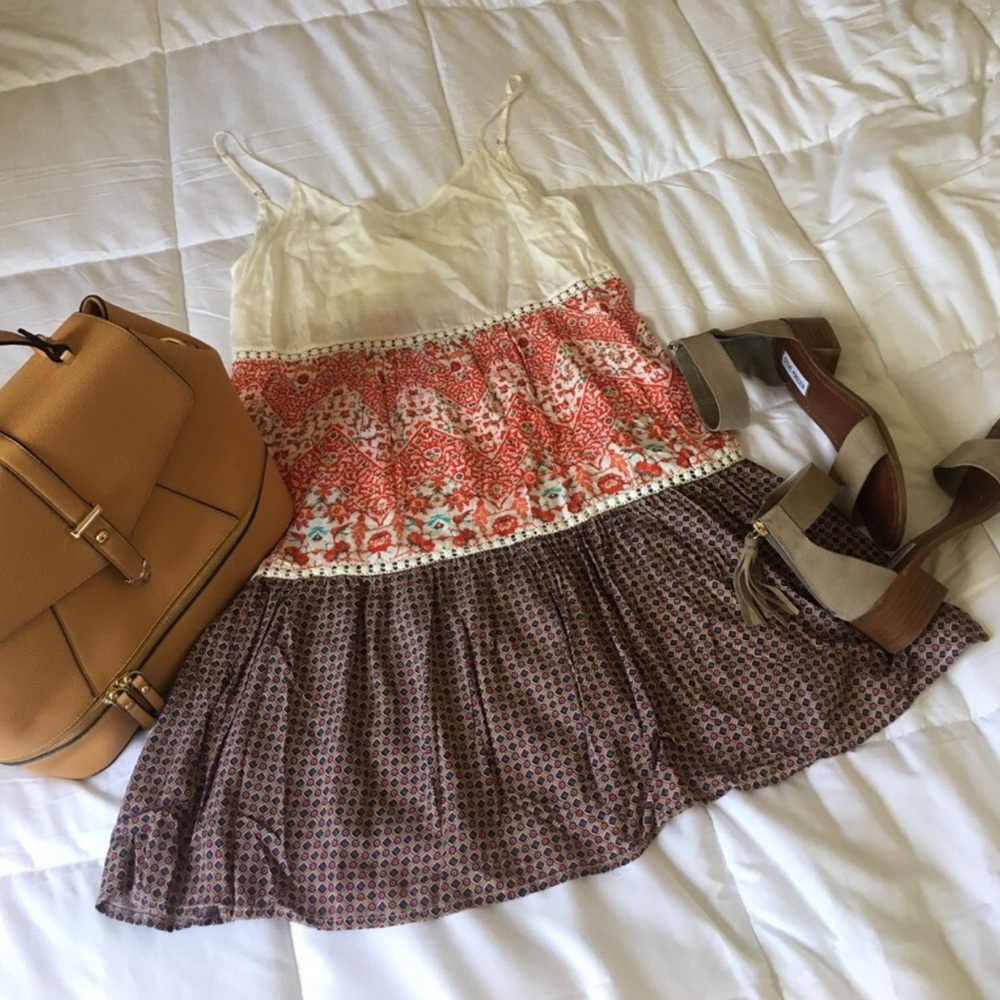 Boho Multicolor Dress with Tan Bag and Heels